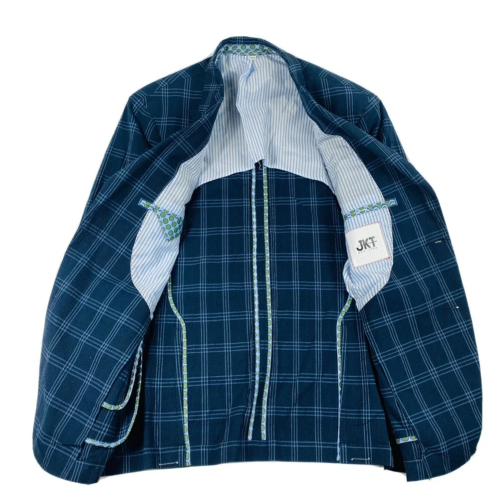JKT New York Blue Windowpane Checked Cotton Seersucker Blazer Size 36R NWT